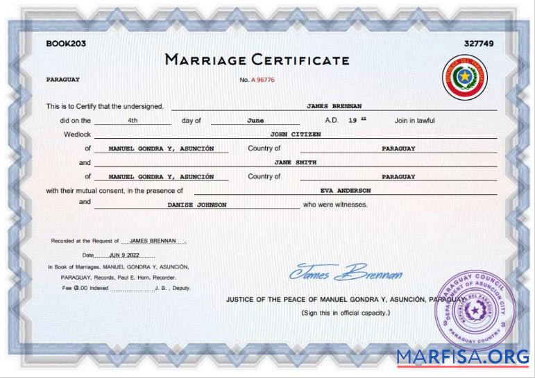 Printable Paraguay marriage certificate Word and PDF template